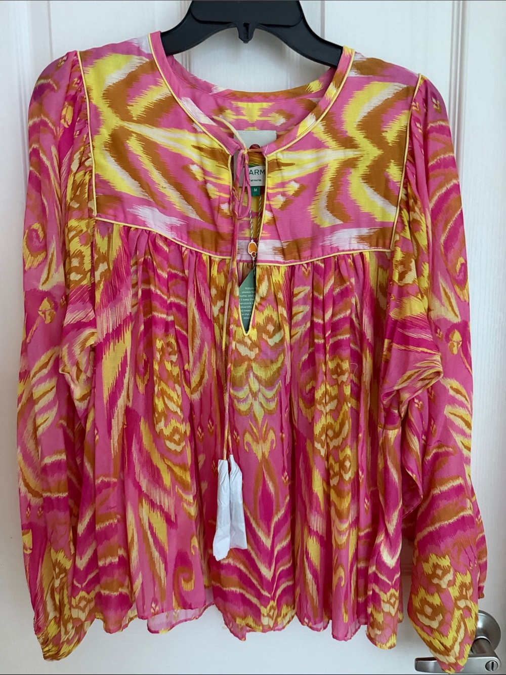 FARM Rio Pink and Yellow Printed Peasant Blouse